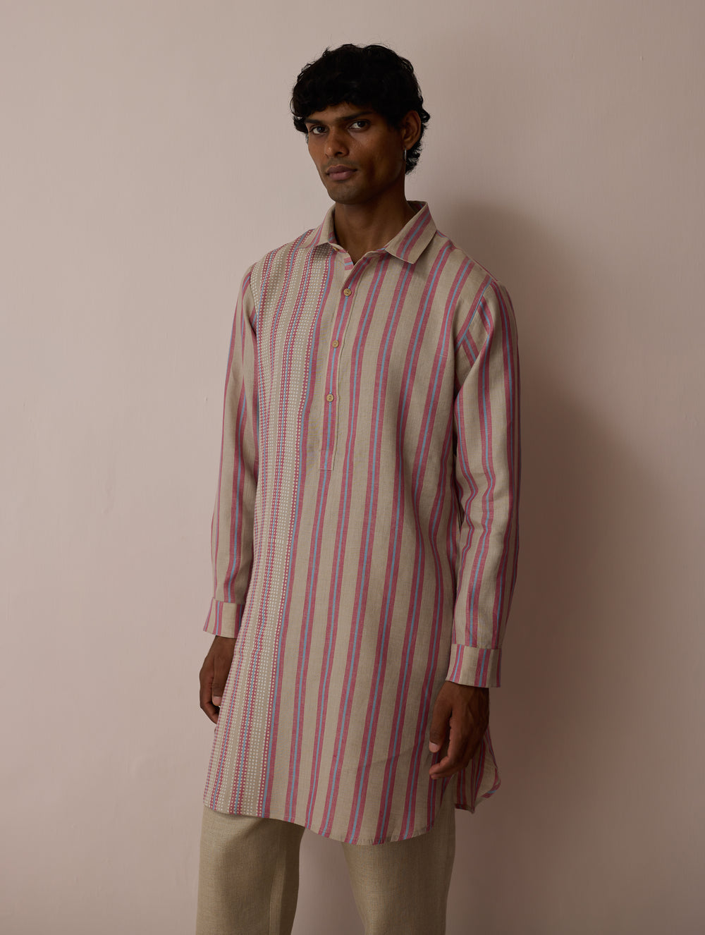 Taro Block-Printed Stripe Linen Kurta - Natural