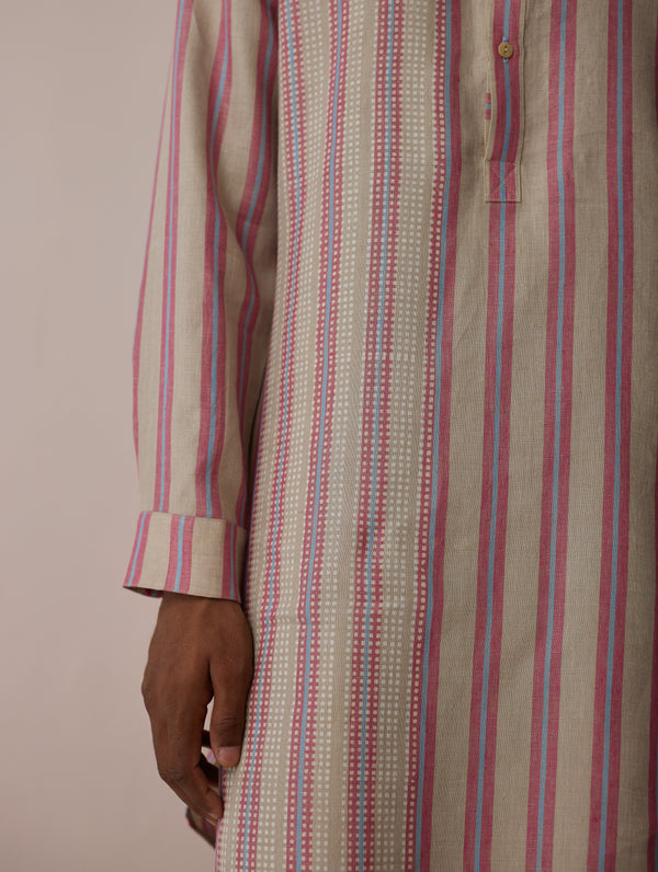 Taro Block-Printed Stripe Linen Kurta - Natural