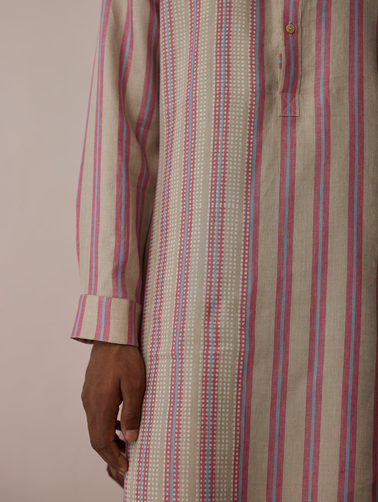 Taro Block-Printed Stripe Linen Kurta - Natural