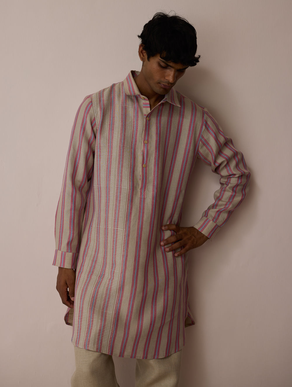 Taro Block-Printed Stripe Linen Kurta - Natural