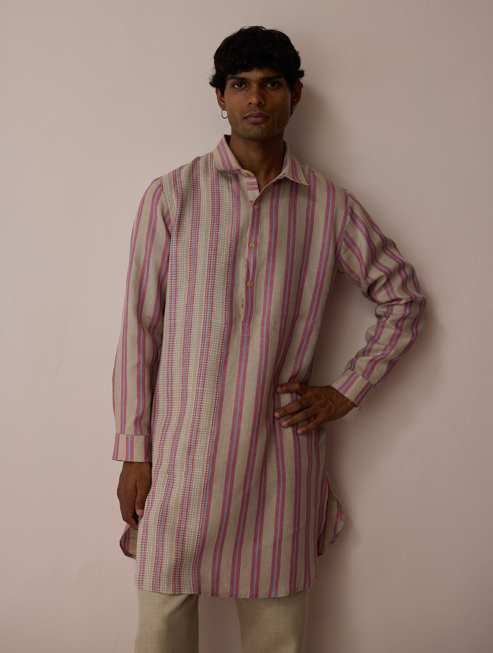 Taro Block-Printed Stripe Linen Kurta - Natural