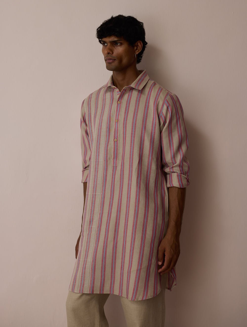 Taro Block-Printed Stripe Linen Kurta - Natural