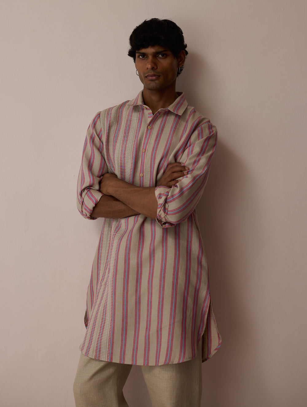 Taro Block-Printed Stripe Linen Kurta - Natural