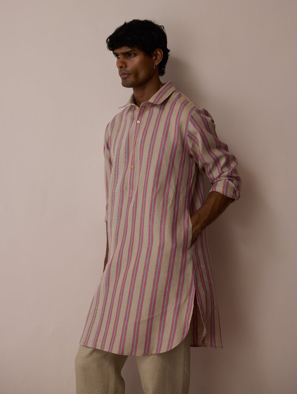 Taro Block-Printed Stripe Linen Kurta - Natural