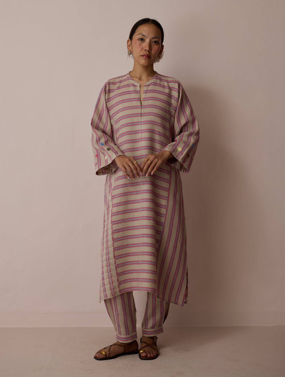 Parvee Block-Printed Linen Angrakha Kurta - Natural