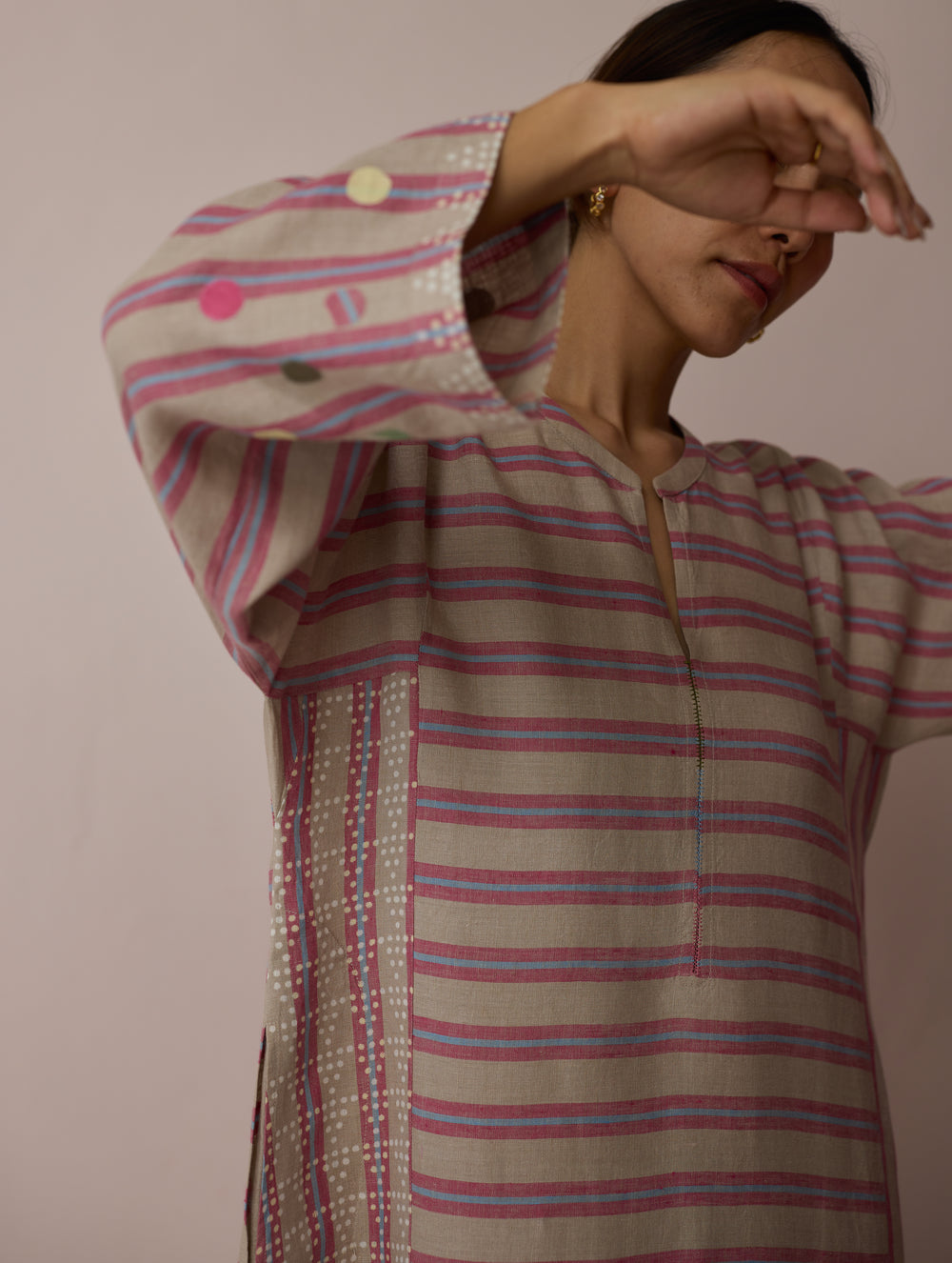 Parvee Block-Printed Linen Angrakha Kurta - Natural