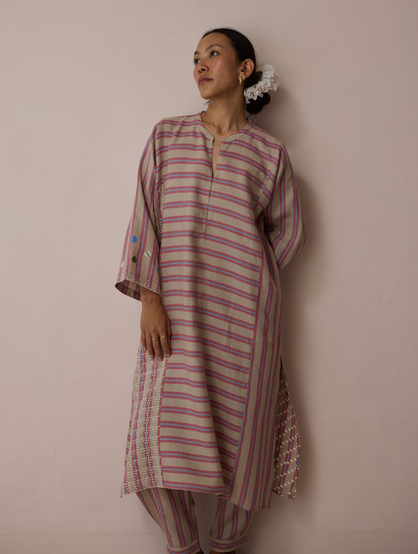 Parvee Block-Printed Linen Kurta Set - Natural