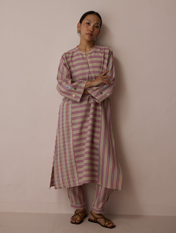Parvee Block-Printed Linen Angrakha Kurta - Natural