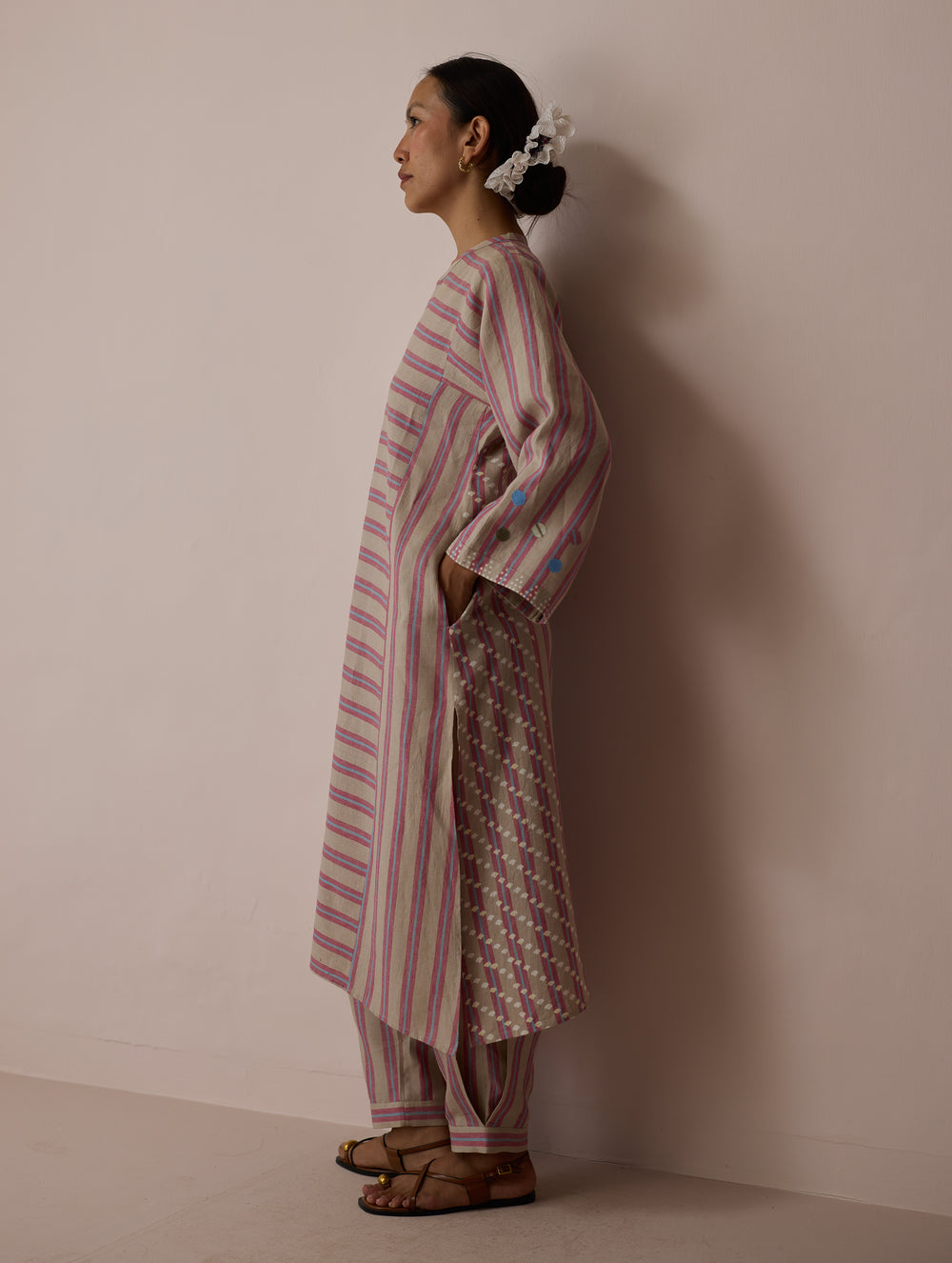 Parvee Block-Printed Linen Angrakha Kurta - Natural