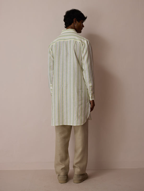 Taro Block-Printed Stripe Linen Kurta - Ivory