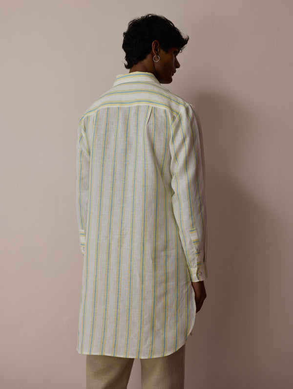 Taro Block-Printed Stripe Linen Kurta - Ivory