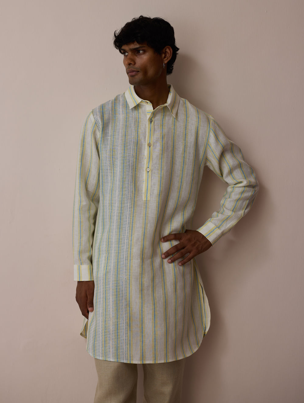 Taro Block-Printed Stripe Linen Kurta - Ivory