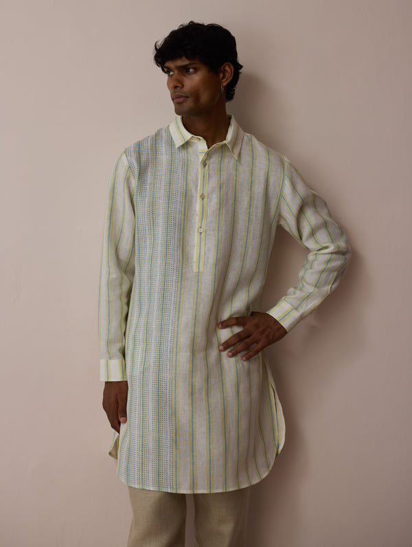 Taro Block-Printed Stripe Linen Kurta - Ivory
