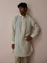 Taro Block-Printed Stripe Linen Kurta - Ivory