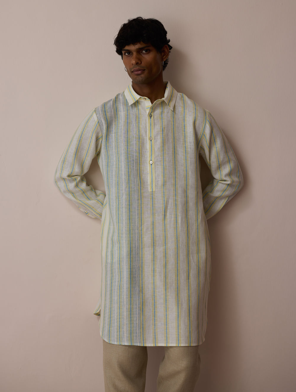 Taro Block-Printed Stripe Linen Kurta - Ivory