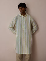 Taro Block-Printed Stripe Linen Kurta - Ivory
