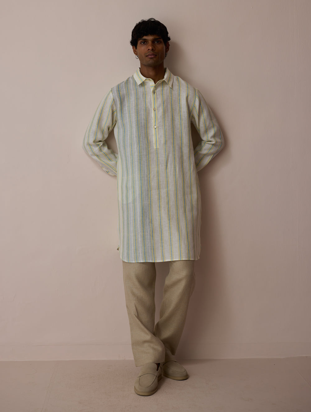 Taro Block-Printed Stripe Linen Kurta - Ivory