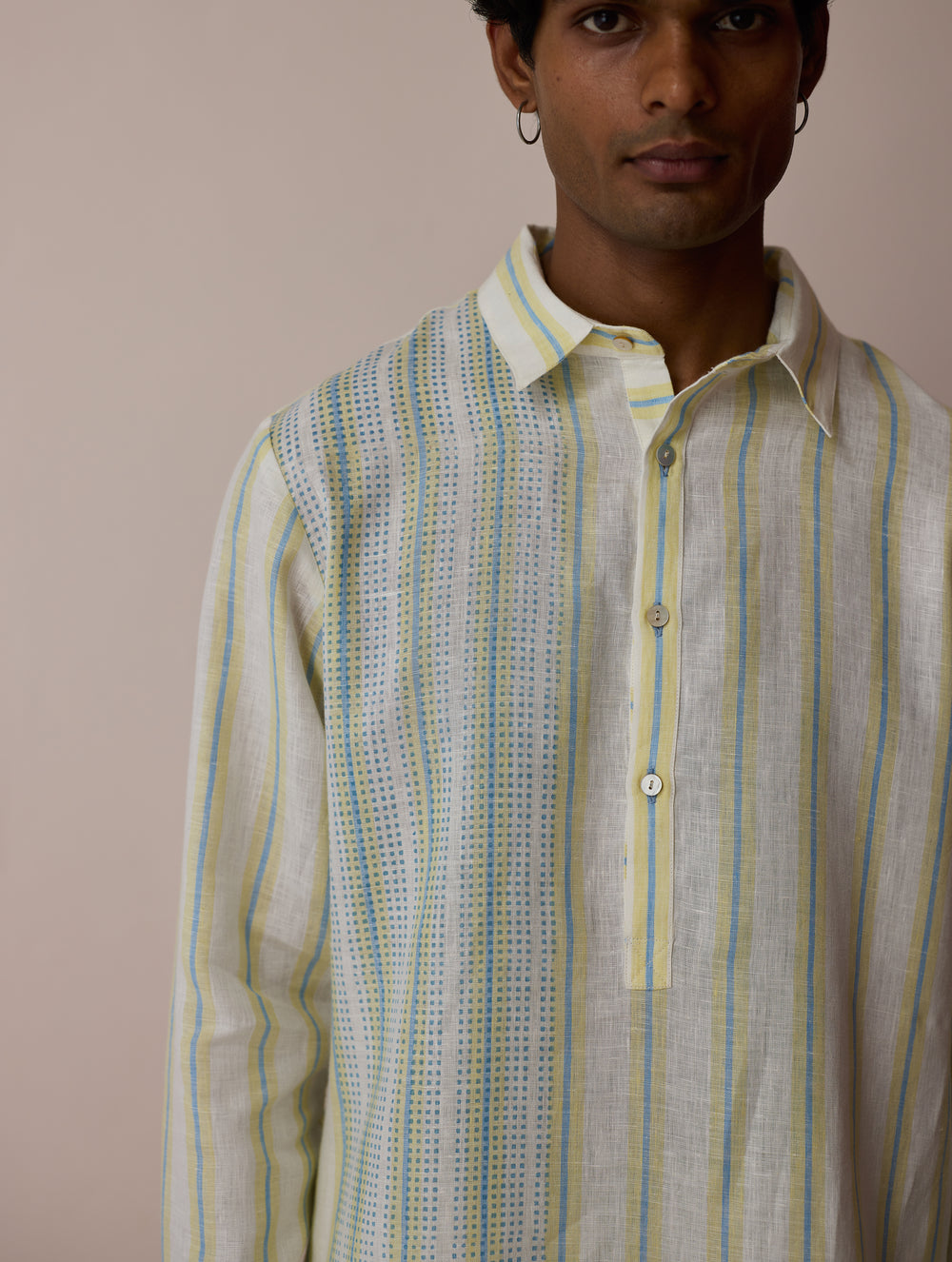 Taro Block-Printed Stripe Linen Kurta - Ivory
