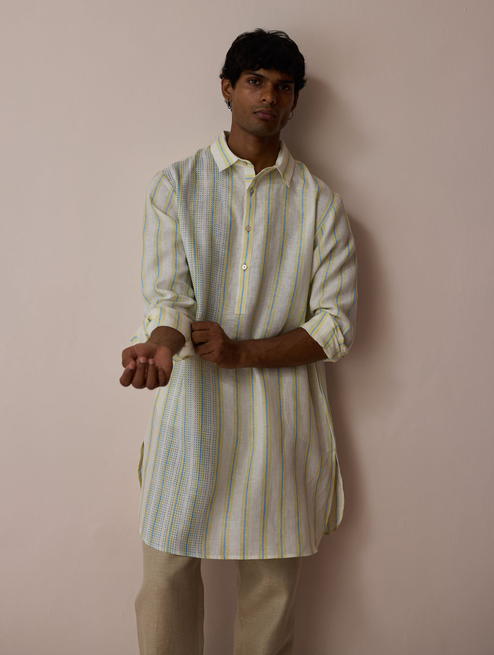 Taro Block-Printed Stripe Linen Kurta - Ivory