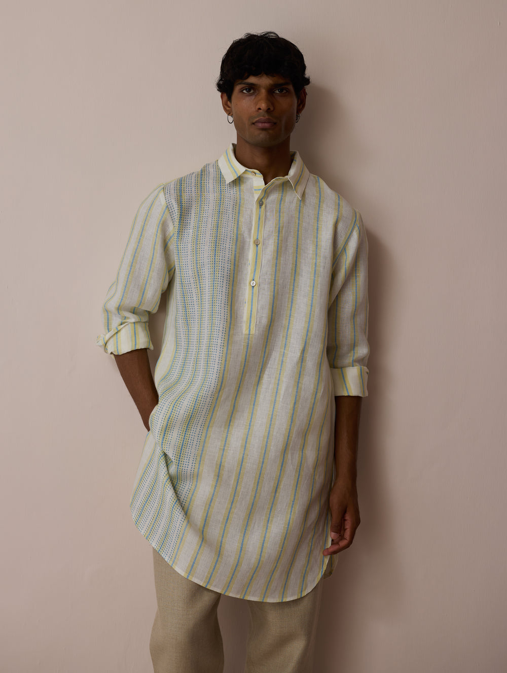 Taro Block-Printed Stripe Linen Kurta - Ivory