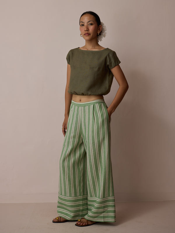 Carmi Wide Leg Stripe Linen Pants - Fern