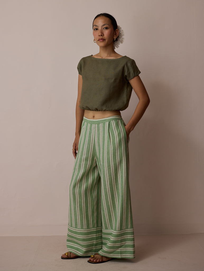 Carmi Wide Leg Stripe Linen Pants - Fern