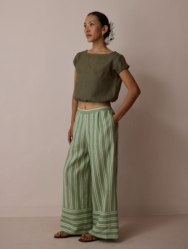 Carmi Wide Leg Stripe Linen Pants - Fern
