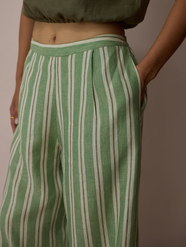 Carmi Wide Leg Stripe Linen Pants - Fern