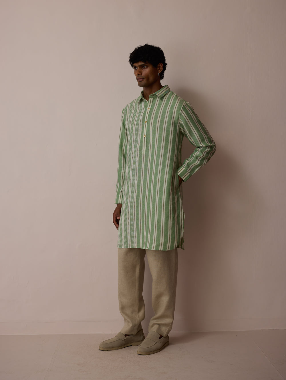 Taro Block-Printed Stripe Linen Kurta - Fern