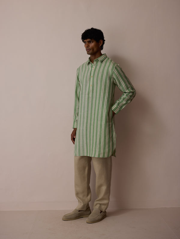 Taro Block-Printed Stripe Linen Kurta - Fern