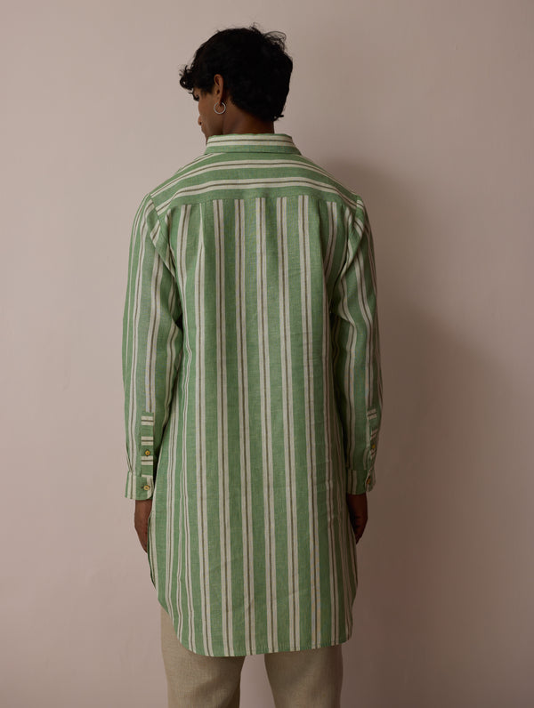 Taro Block-Printed Stripe Linen Kurta - Fern
