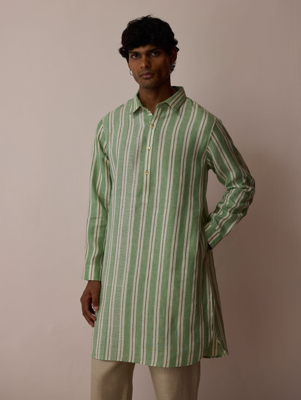 Taro Block-Printed Stripe Linen Kurta - Fern