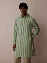 Taro Block-Printed Stripe Linen Kurta - Fern