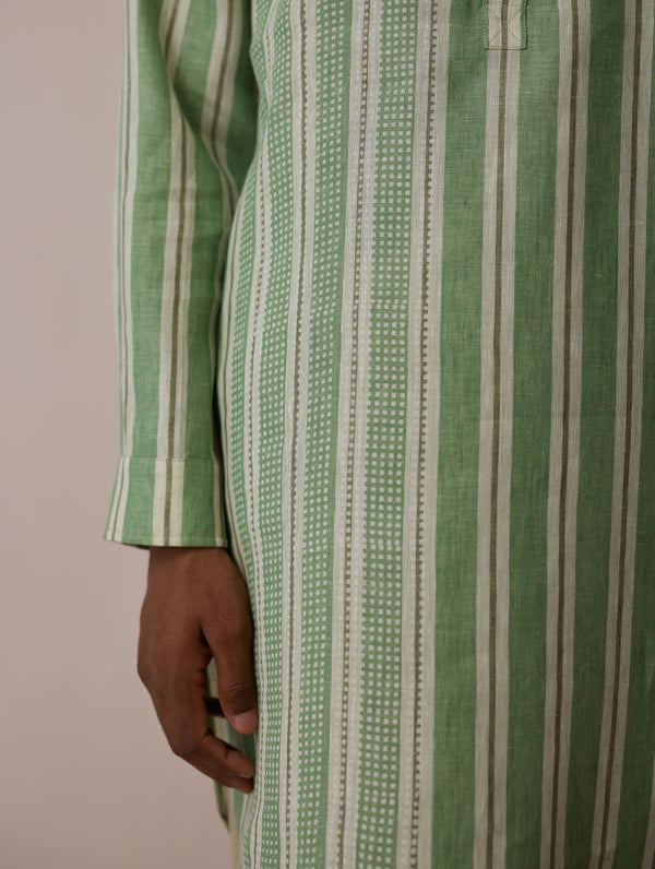 Taro Block-Printed Stripe Linen Kurta - Fern