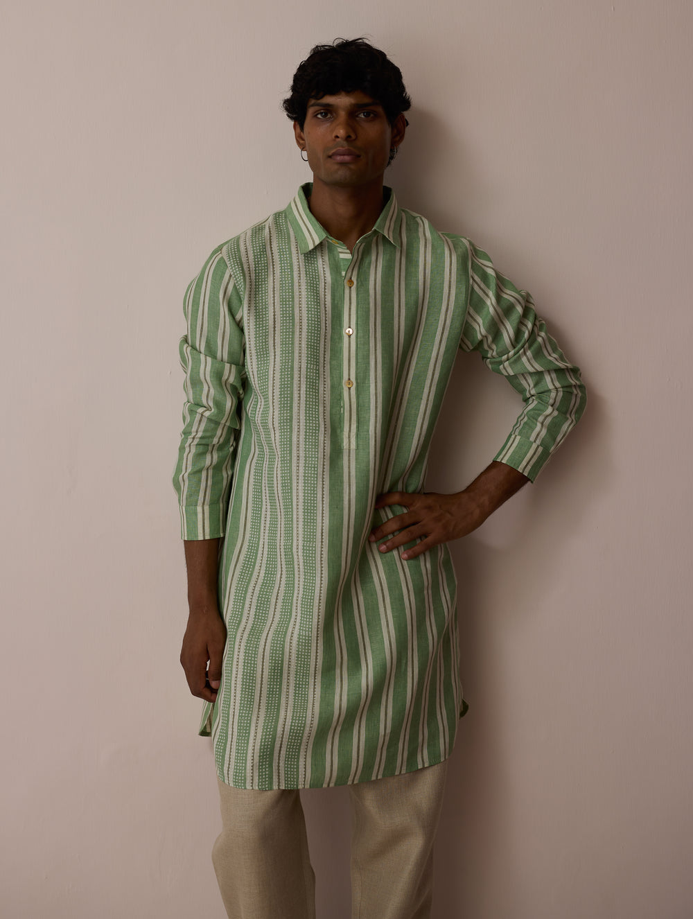 Taro Block-Printed Stripe Linen Kurta - Fern