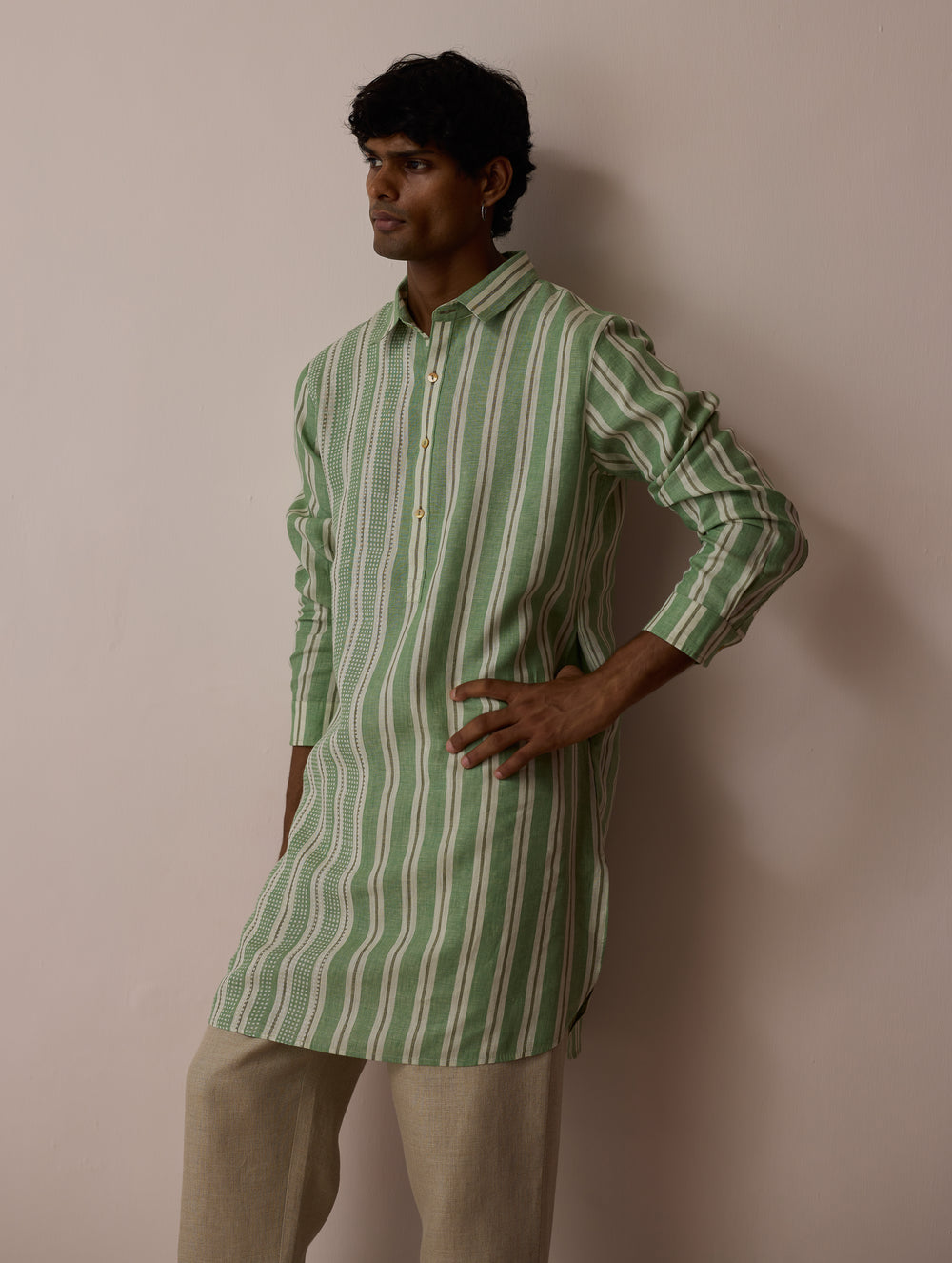 Taro Block-Printed Stripe Linen Kurta - Fern
