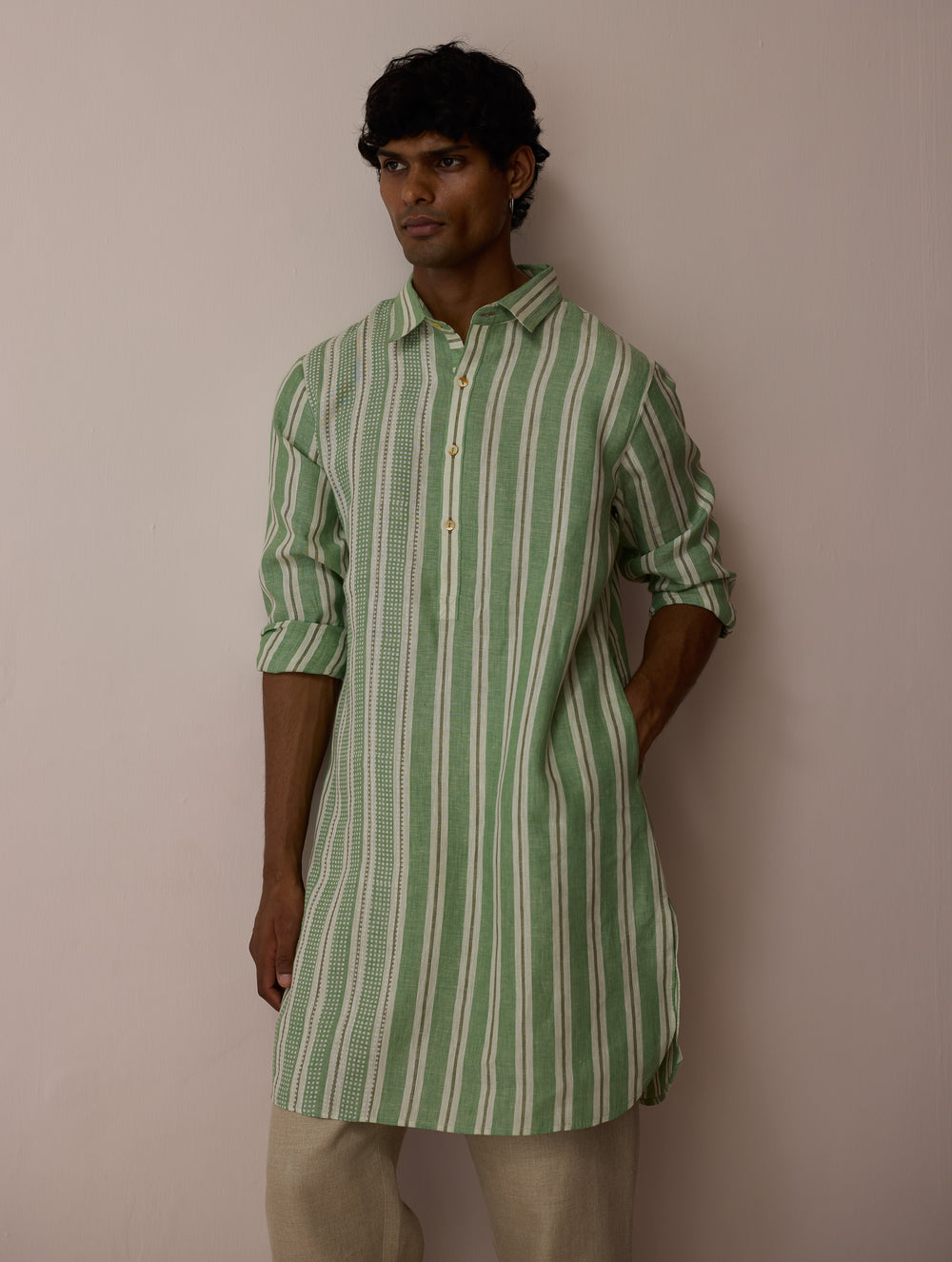 Taro Block-Printed Stripe Linen Kurta - Fern