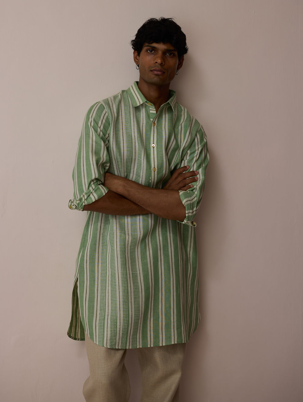 Taro Block-Printed Stripe Linen Kurta - Fern