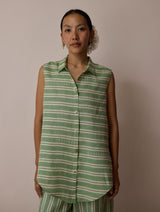 Ello Sleeveless Block-Printed Linen Shirt - Fern