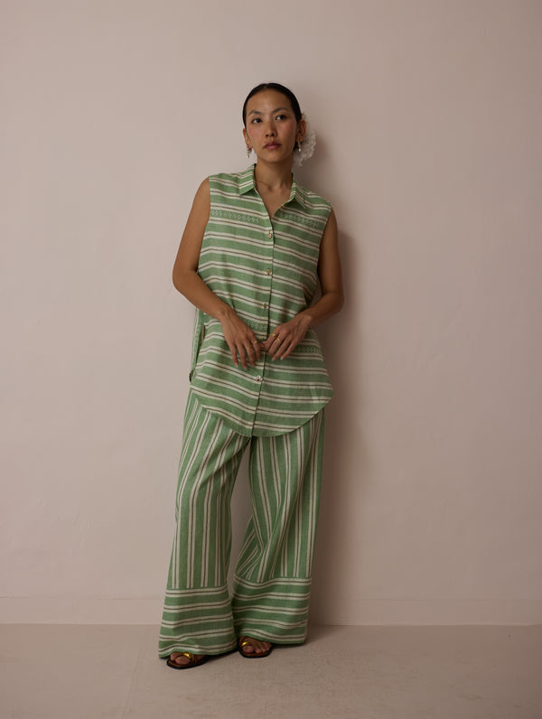 Ello Sleeveless Block-Printed Linen Shirt - Fern