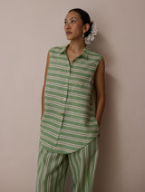 Ello Sleeveless Block-Printed Linen Shirt - Fern