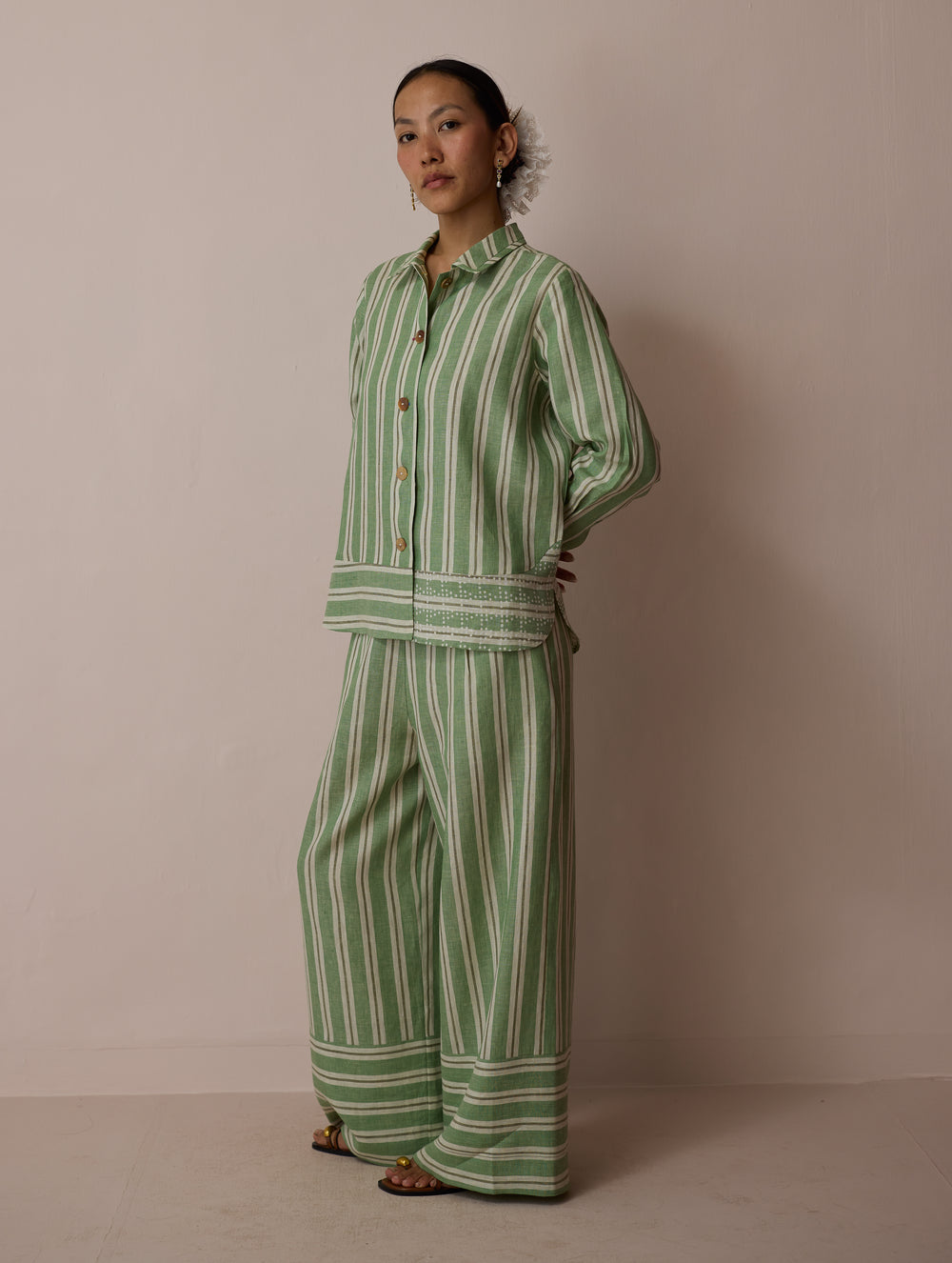 Erra Block-Printed Stripe Linen Shirt - Fern