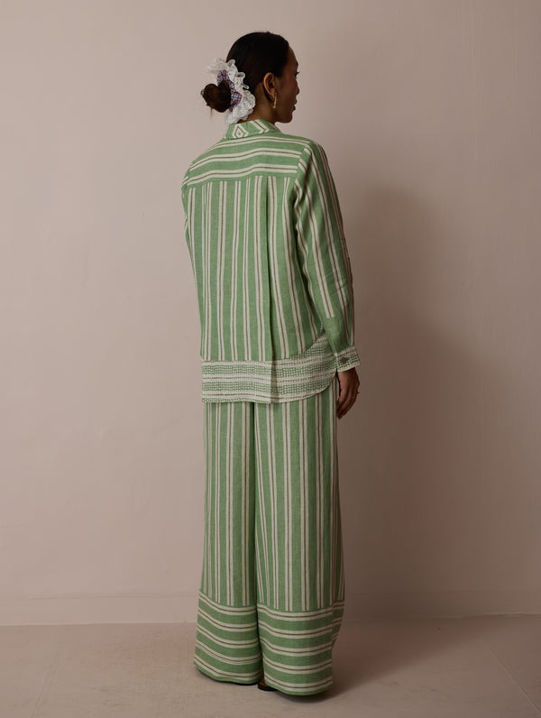 Erra Block-Printed Stripe Linen Shirt - Fern