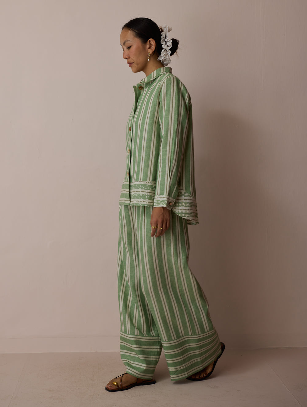 Erra Block-Printed Stripe Linen Shirt - Fern
