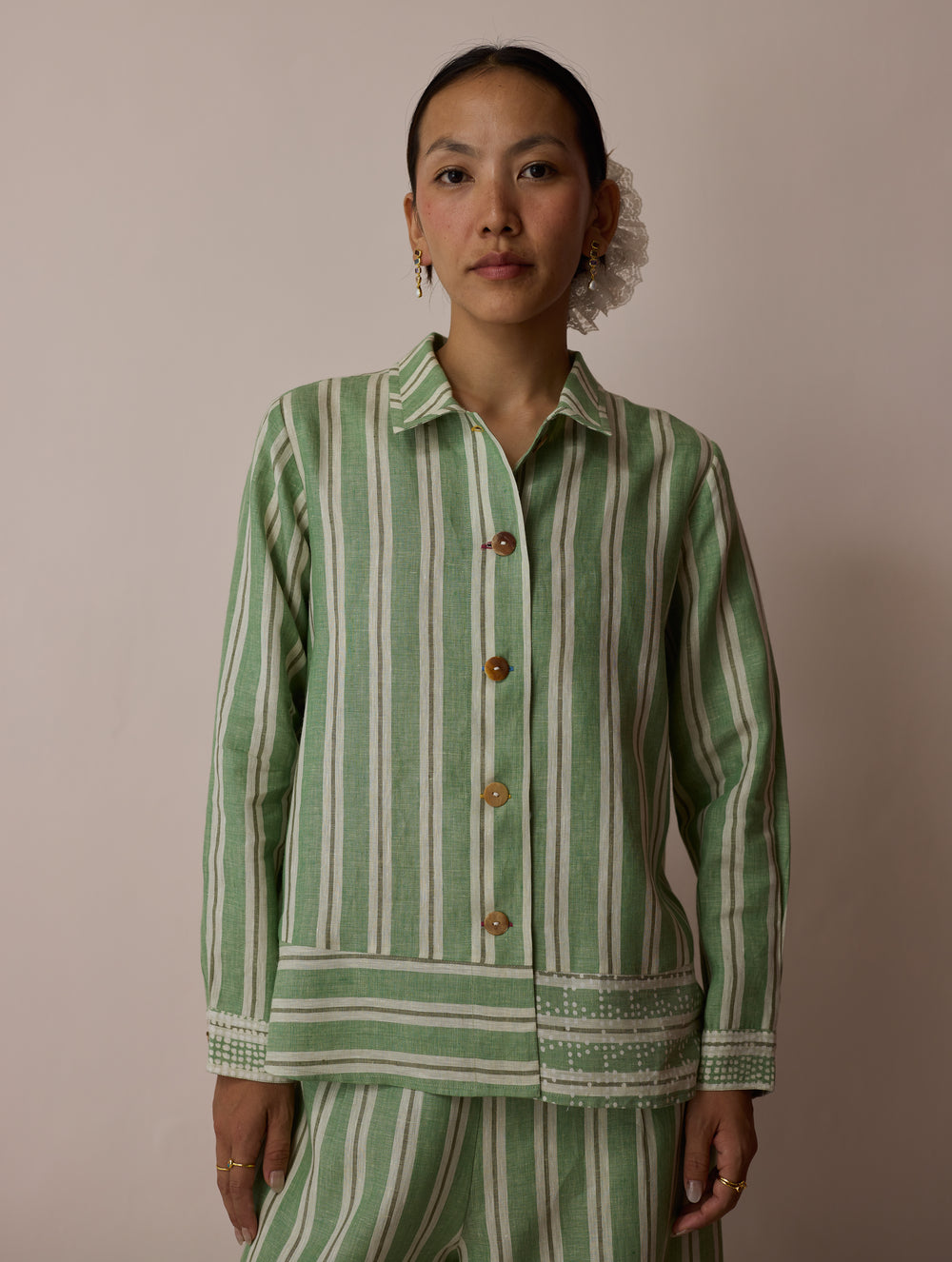 Erra Block-Printed Stripe Linen Shirt - Fern