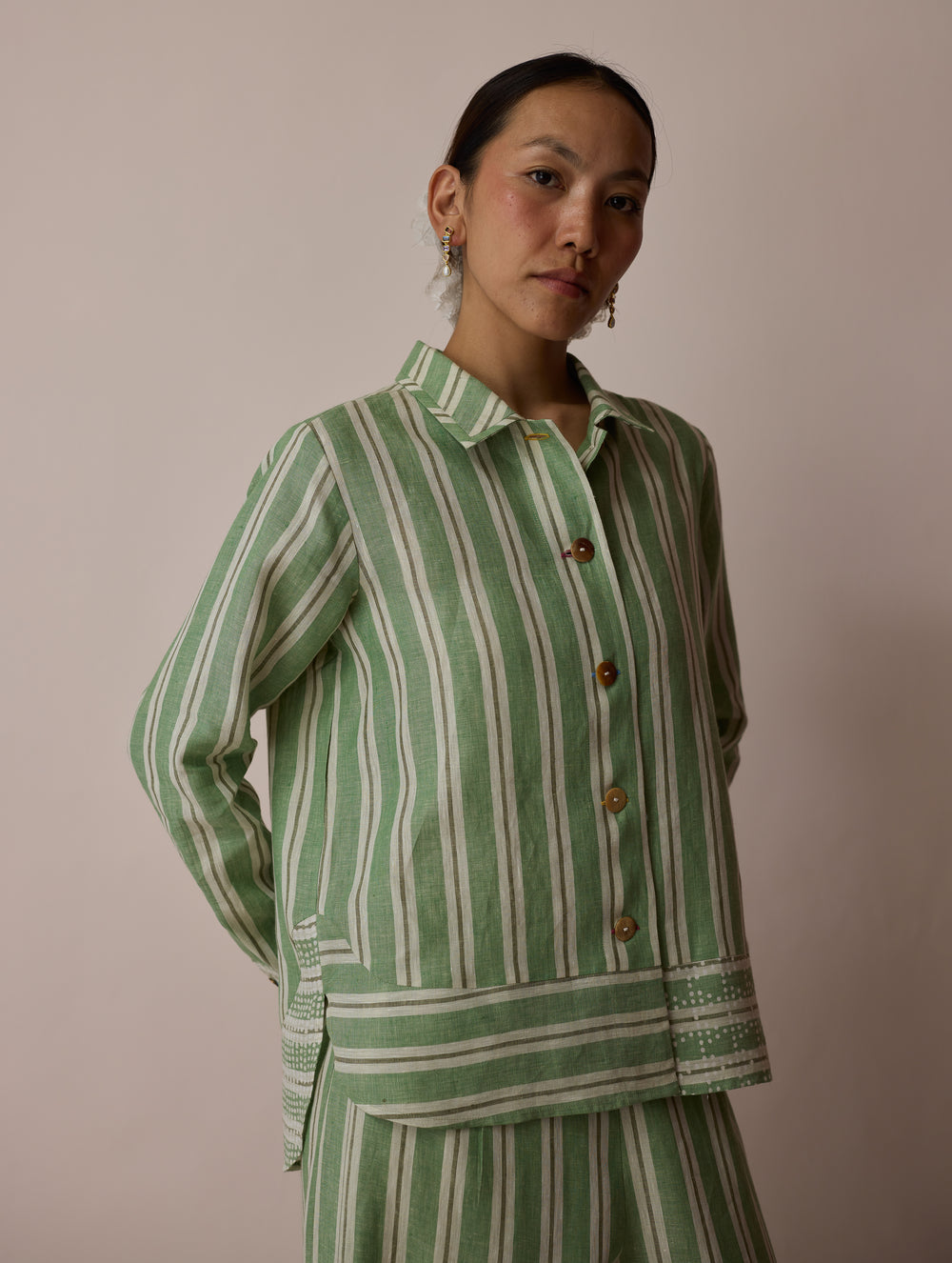 Erra Block-Printed Stripe Linen Shirt - Fern