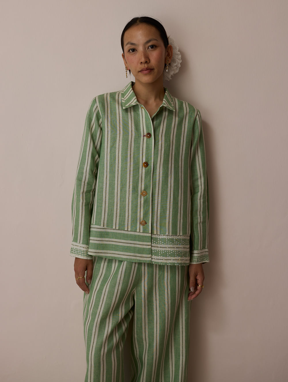 Erra Block-Printed Stripe Linen Shirt - Fern