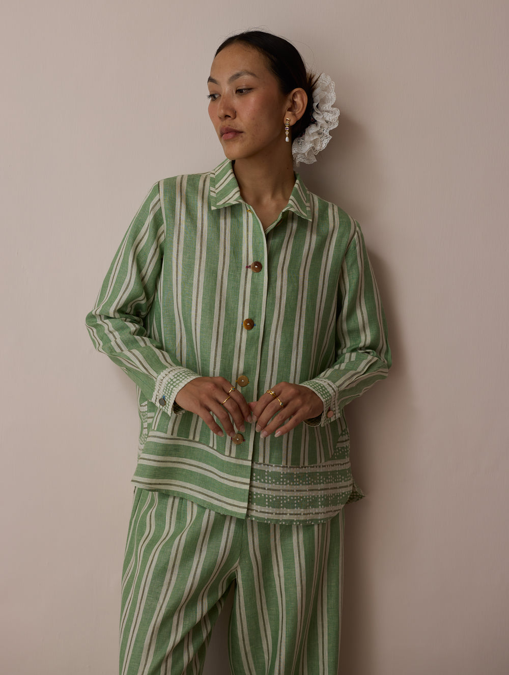 Erra Block-Printed Stripe Linen Shirt - Fern