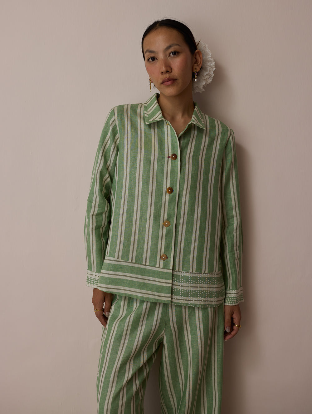 Erra Block-Printed Stripe Linen Shirt - Fern