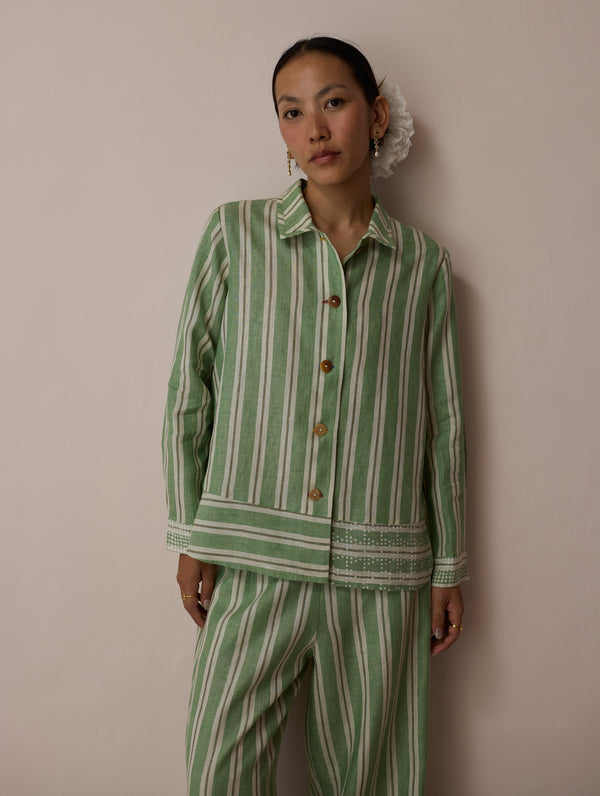 Erra Block-Printed Stripe Linen Shirt - Fern